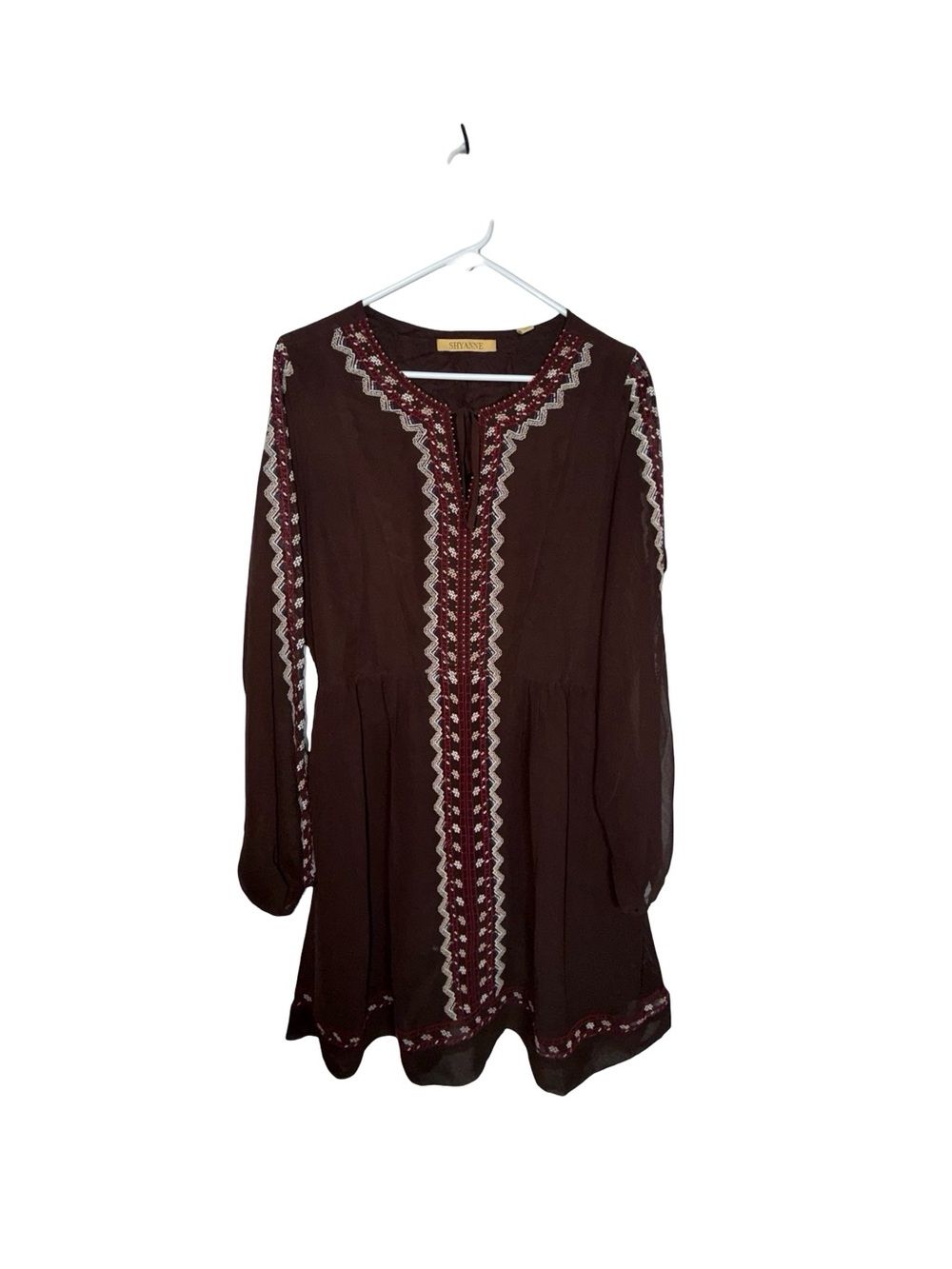 Shyanne XL Brown Embroidered Boho Peasant Tunic Dress Long Sleeve